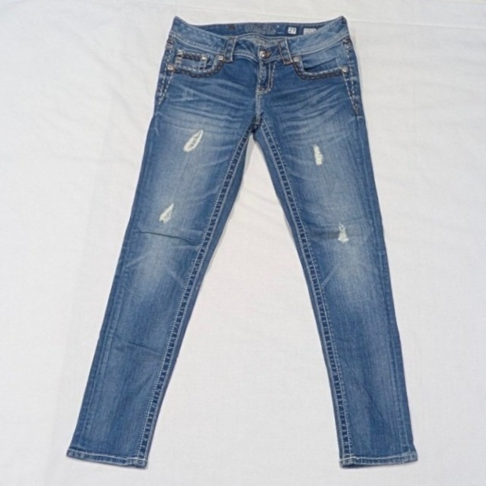 Miss Me Cuffed Skinny Distressed Rhinestone Jeans JS5014CK87 Blue Size 27